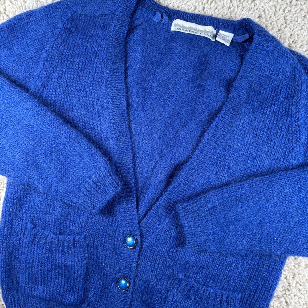 Bramble Lane Women Cardigan S Blue Mohair Blend V-Neck Vintage 90s Academia